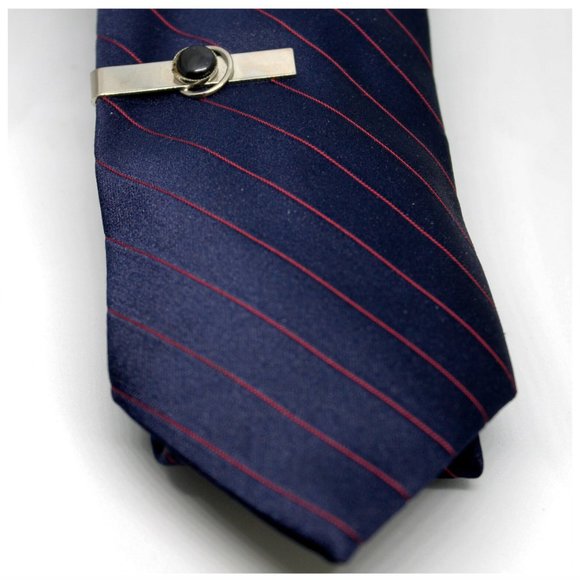 Vintage Silver & Black Circle Cabachon Rectangle Tie Clip VTG Father's Day Gift - Picture 8 of 9